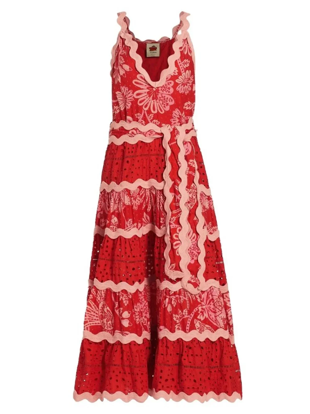 FARM RIO Flowerful Birds Maxi Dress XL NWT Red Pink Eyelet Lace V-Neck Plunge - Picture 10 of 13